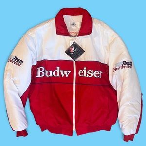 Vintage 90s 'Budweiser' Red and White Nylon Puffer Bomber Racing Jacket